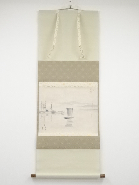 福田恵一筆　水郷の朝　肉筆紙本掛軸（共箱）